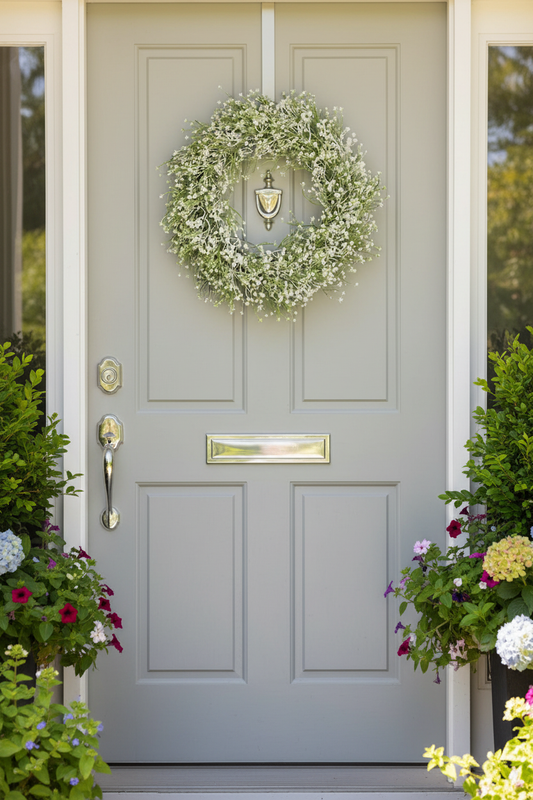 Baby's Breath Faux Wreath on Light Grey Front Door
