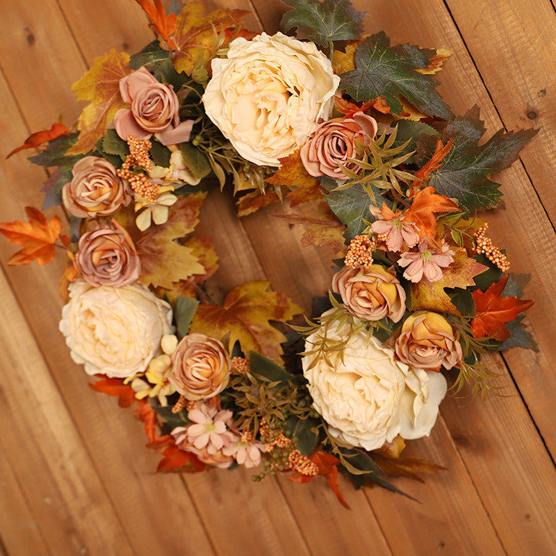 Thanksgiving Peony Maple Leaf Wreath Decorative Hanging Home Fall Faux Flowers Wall Wreaths