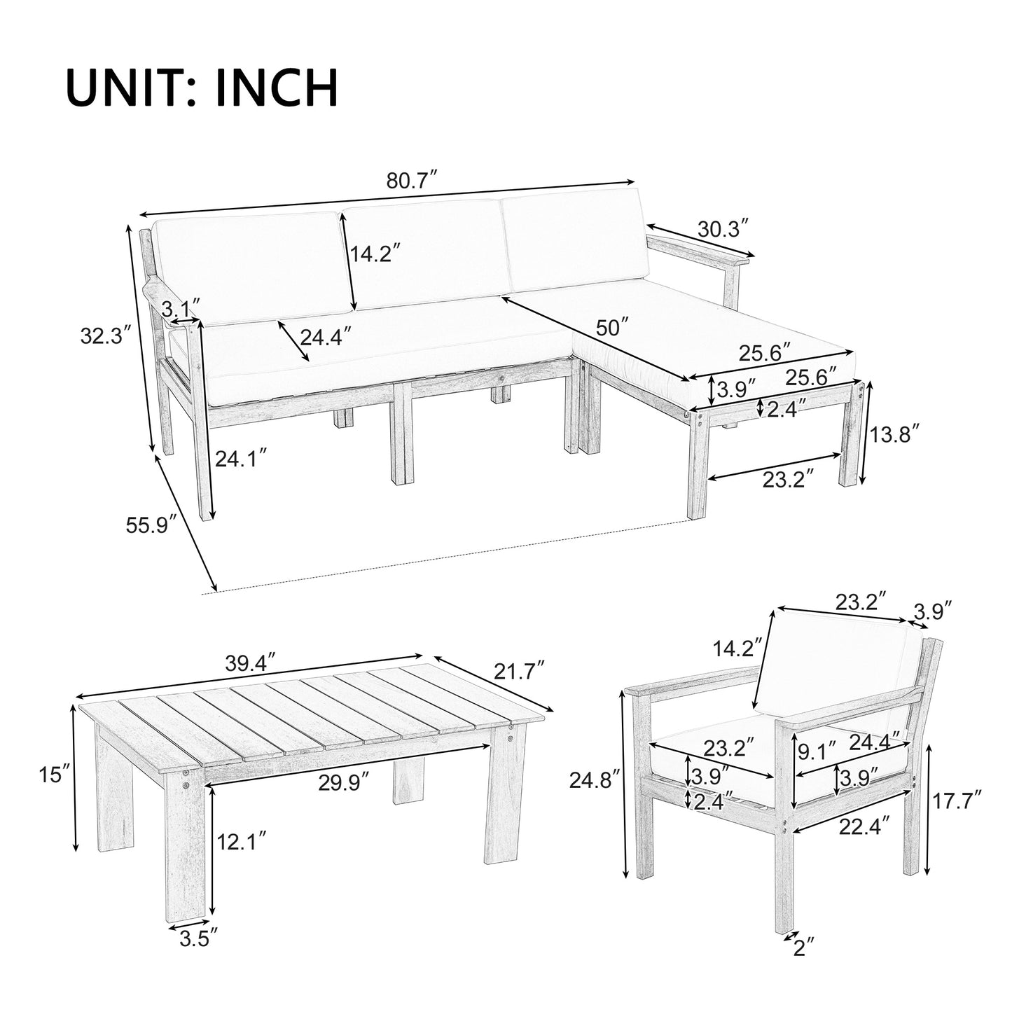 U_Style Multi-person Sofa Set with A Small Table, Suitable for Gardens, Backyards, and Balconies.