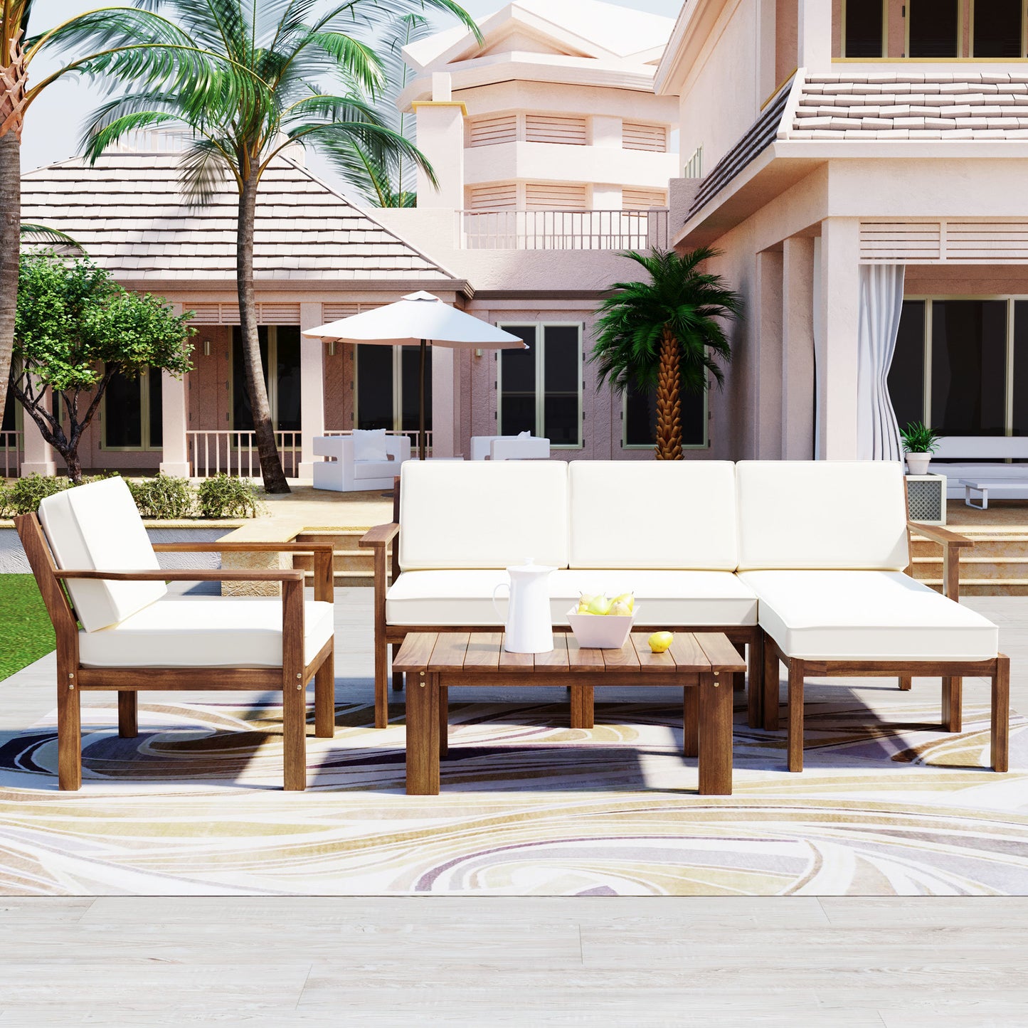 U_Style Multi-person Sofa Set with A Small Table, Suitable for Gardens, Backyards, and Balconies.