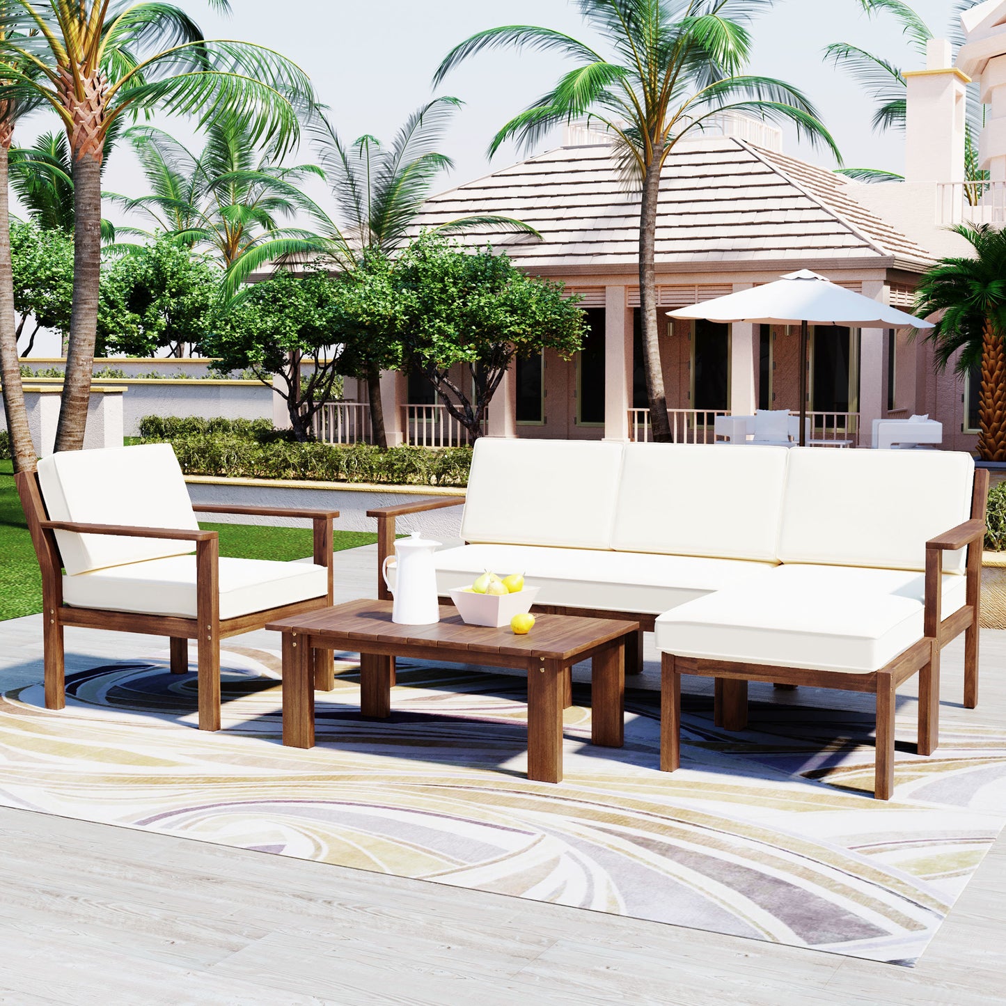 U_Style Multi-person Sofa Set with A Small Table, Suitable for Gardens, Backyards, and Balconies.