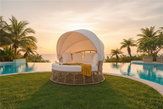 Rattan Round Daybed - Backyard Pool Sunset